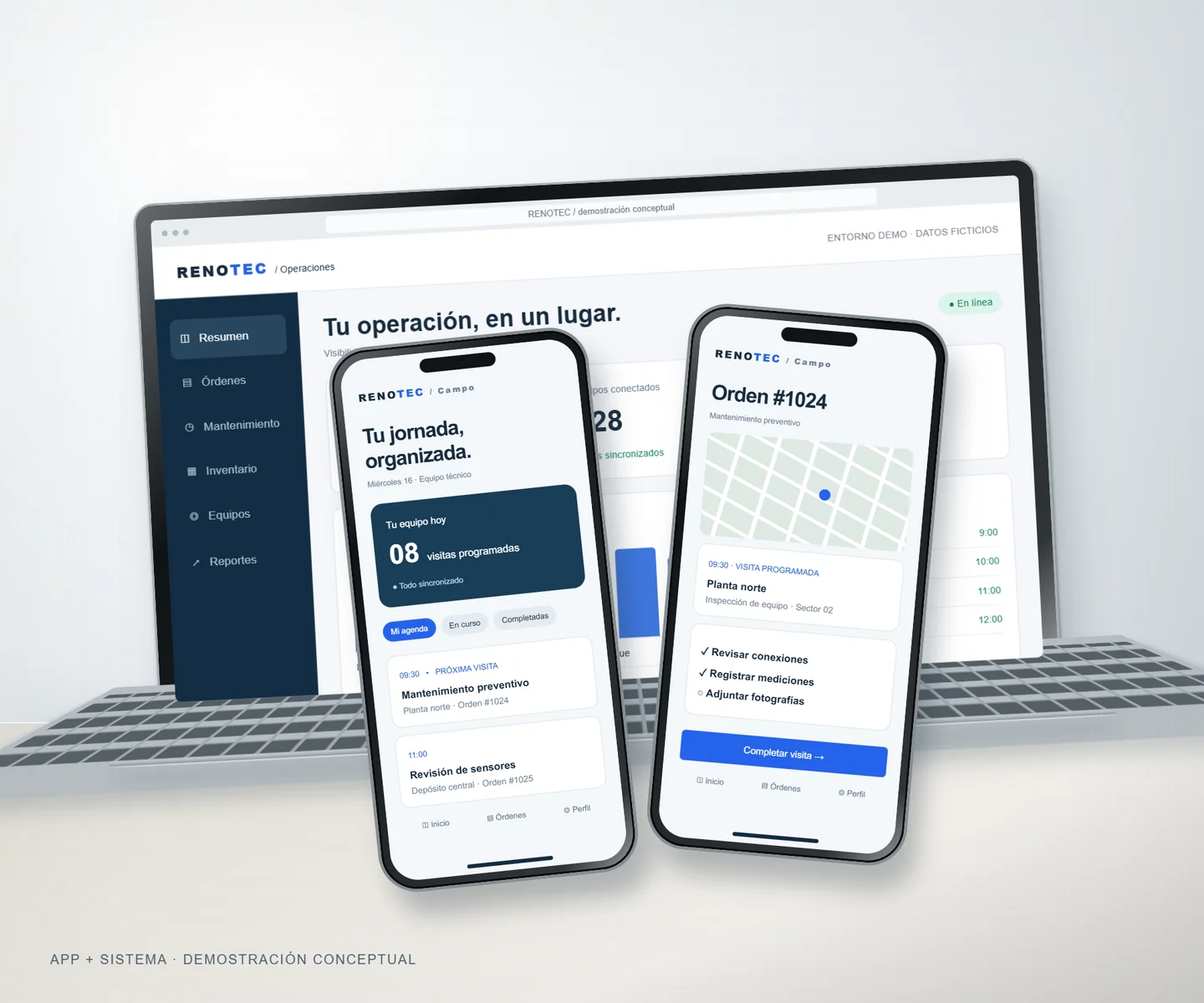 App conceptual de RENOTEC: dos smartphones muestran una agenda de visitas y una orden de mantenimiento junto al sistema de gestión en una notebook. Datos ficticios.
